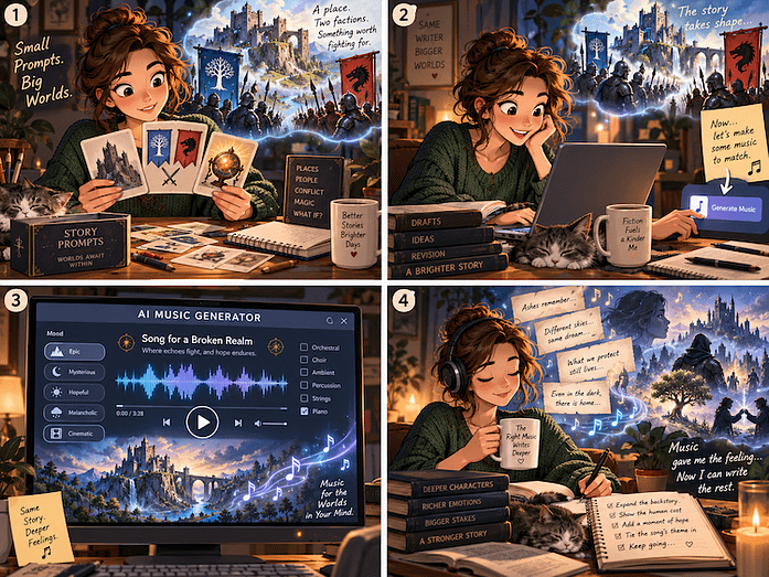 From Prompt to Song to Page A female writer pulls prompt cards, generates AI music, and then, inspired, starts writing.