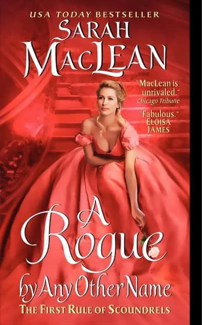 Book cover showing a blonde woman in a red gown sitting at the bottom of a curving staircase. She holds a white rose in one hand.