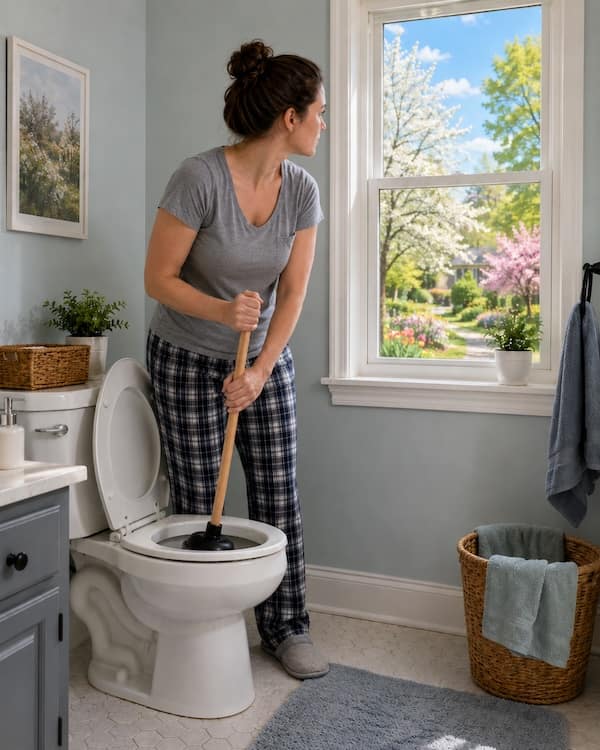 A woman stands by a toilet. She is inserting a plunger into the toilet bowl as she looks out the window at the vibrant spring day.