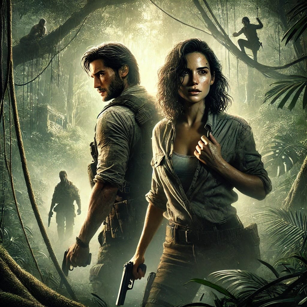An image of a man and a woman in a jungle with suspenseful lighting and bad guys approaching.