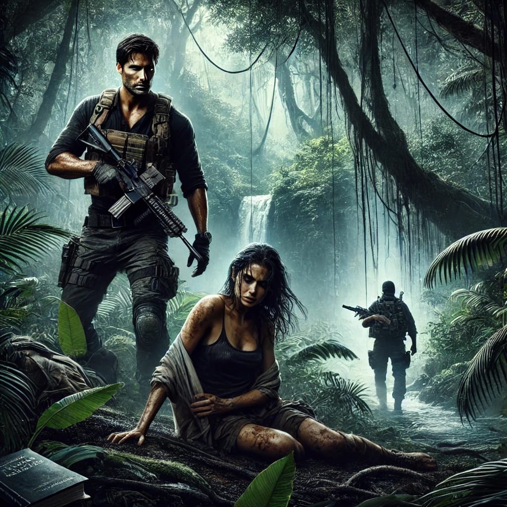 An image of a man, standing, and an injured woman who is sitting on the ground. They are in a jungle with suspenseful lighting, a waterfall, and a bad guy is approaching.