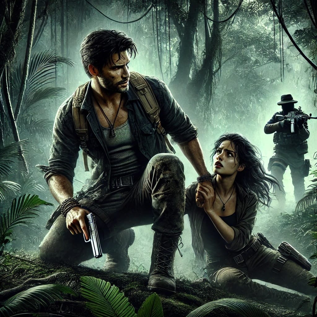 An image of a man, crouching, and a woman who is sitting on the ground and looking at him pleadingly. They are in a jungle with suspenseful lighting and a bad guy is approaching.