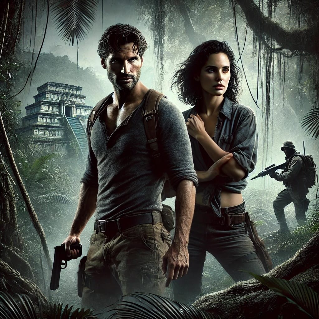An image of a man and a woman standing in a jungle with suspenseful lighting, ancient ruins behind them, and a bad guy is approaching.