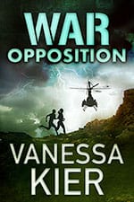 WAROpposition-150x225 Cover for WAR: Opposition by Vanessa Kier. Night. A storm with tints of dark green in the clouds and forks of lightning. The silhouettes of a running man and woman as they run along rocky ground toward the silhouette of a military helicopter that is facing the viewer. At the bottom, a black background is behind the author's name.