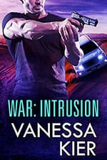 WARIntrusion_150x225 Cover of WAR: Intrusion. In the foreground, a man in a dark t-shirt is holding a gun two-handed and pointing it to the right. Behind him, a white SUV with its lights on is driving toward him down a sand dune.