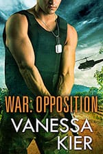 War_Opposition_150x225 Cover of WAR: Opposition. In the foreground, a man wearing military camo pants, a sleeveless protective vest, and dog tags. He's holding a gun two-handed, pointing the weapon toward the ground. A helicopter is landing behind him.