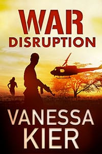WARDisruption-200x300 Cover for WAR: Disruption by Vanessa Kier. A mostly yellow skin and an acacia tree tinted orange. In silhouette, a helicopter is landing. In the foreground, the silhouette of a man holding a an assault rifle. Behind him, the silhouette of a woman is running toward the helicopter. At the bottom, a black background is behind the author's name.