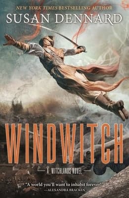 Windwitch Cover for Windwitch by Susan Dennard - a grey and beige landscape with a person floating above it and wielding a sword.