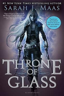 Throne of Glass original cover Original cover of Throne of Glass by Sarah J. Maas. A young woman with long silver hair faces the viewer. She has a sword in each hand, pointed down, and a sheathed dagger at her waist.