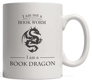 Book_Dragon White mug with black text and black image of a stylized dragon