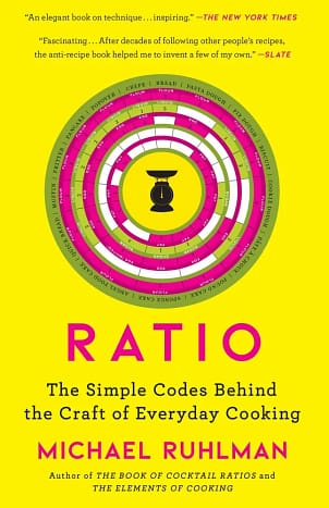 9781416571728 Book cover of Ratio by Michael Ruhlman. A yellow background with the title and author name in red. There's a series of red concentric circles on a green background in the center of the cover. A black image of a scale is in the middle of the circles.