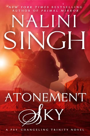 9780593819524 Book cover for Atonement Sky by Nalini Singh. A silhouette of a man and a woman from their shoulders up. Their faces are close and their noses are almost touching. The background is a red sunset and the faint image of a falcon in flight.