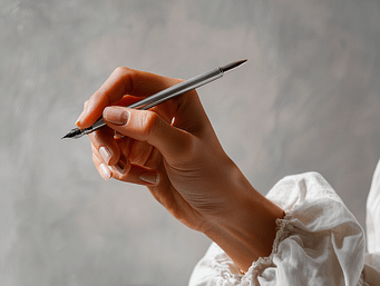 Woman holding fountain pen A woman's hand holding a fountain pen against a marbled grey background.