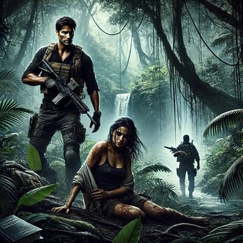 Betrayal Image v2 An image of a man, standing, and an injured woman who is sitting on the ground. They are in a jungle with suspenseful lighting, a waterfall, and a bad guy is approaching.