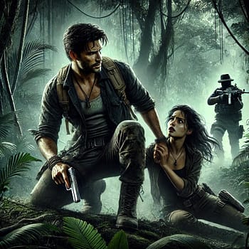 Betrayal Image v3 An image of a man, crouching, and a woman who is sitting on the ground and looking at him pleadingly. They are in a jungle with suspenseful lighting and a bad guy is approaching.