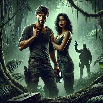 Betrayal Image v4 An image of a man and a woman standing in a jungle with suspenseful lighting and a bad guy is approaching.