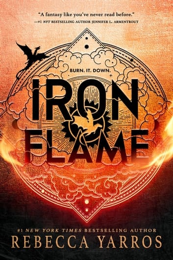 iron-flame-1 Book cover of Iron Flame by Rebecca Yarros. Orange background. Filigree style ball with pointed ends in the middle. Flames at each side. Small silhouettes of dragons. Black bottom of the cover.