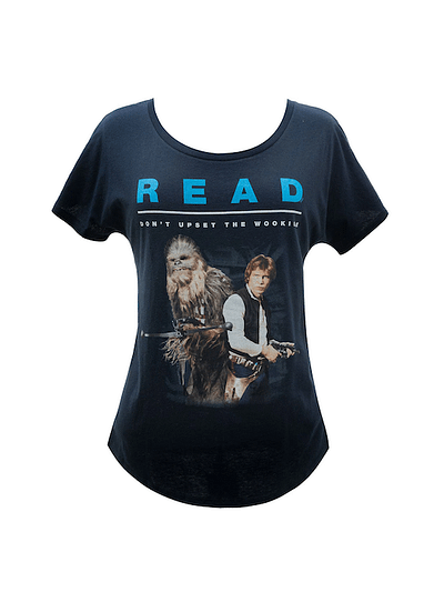 L-1429_Star-Wars-Read_Han-Solo-Chewbacca_womens-relaxed-fit-tee_01_1800x1800 Black t-shirt with READ Don't Upset the Wookie above an image of Han Solo and Chewbacca