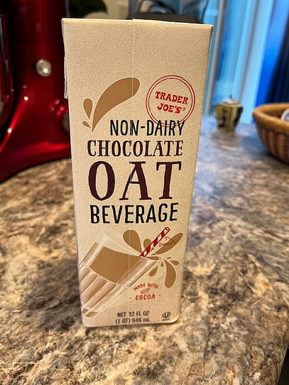 Chocolate Oat Milk Photo of a carton of Trader Joe's Non-Dairy CHOCOLATE Oat Beverage