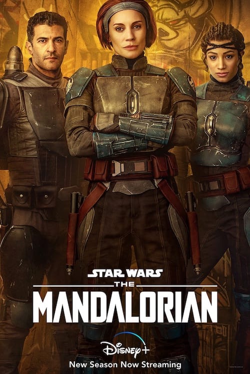 Bo-Katan_Poster Bo-Katan and companions poster for The Mandalorian. A man on the left, a woman in the center with her arms crossed over her chest, and a woman standing hip-cocked on the right. All three wear armored pieces on shoulders, chest, and upper thighs.