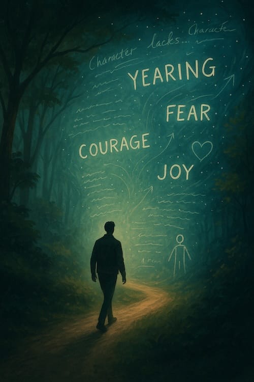 Character Development for Yourself An image with darkness at the edges. A man walks a path toward a glowing turquoise wall. Text reads Character Lacks YEARNING FEAR COURAGE JOY.