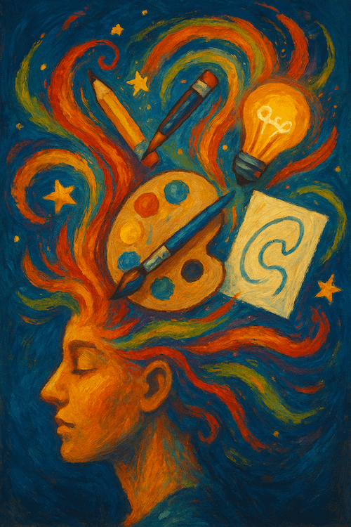 Spirit of Creativity ChatGPT An illustration of a person's head. They are facing left. their hair is multi-color. Out of their head floats a painter's palette with paintbrush, an indeterminate sketch, a lightbulb, and two pencils.