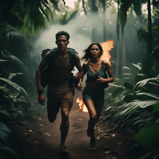Playground Image 2 with fire Photo of a man and a woman running through the jungle on a dirt path coming toward the viewer. The man is carrying a pack on his back. There are flames behind the woman and smoke behind the man.