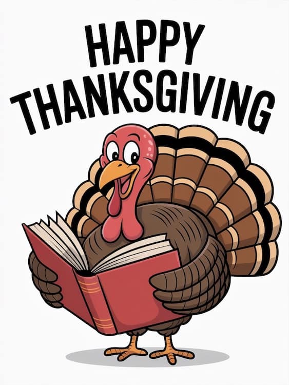 A cartoon of a turkey holding a book and grinning. Above the turkey is the text Happy Thanksgiving.