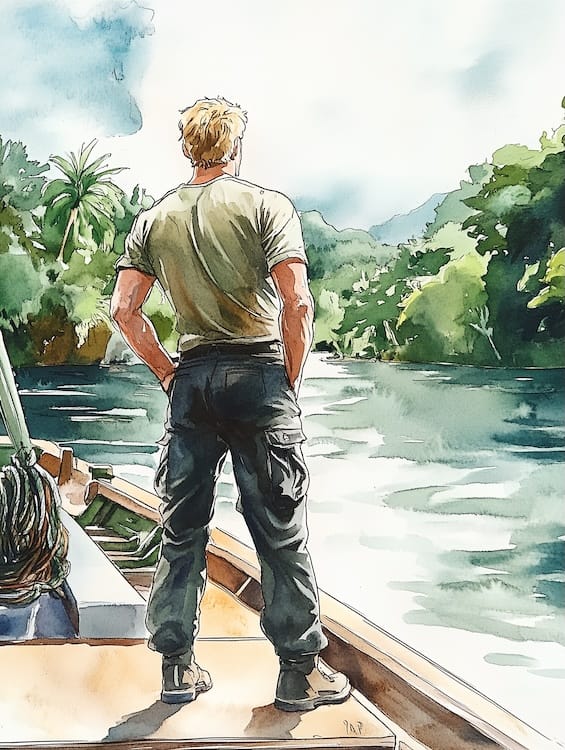 Kai on Boat - Character Sketch 1 Watercolor character sketch of a blonde male wearing black cargo pants. He is standing on the deck of a boat, looking over the water toward the jungle.