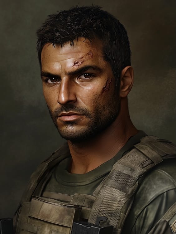 Niko 2 Photorealistic head shot of a dark haired man. He has bloody cuts on his forehead and cheek. He's wearing army camouflage tactical gear.