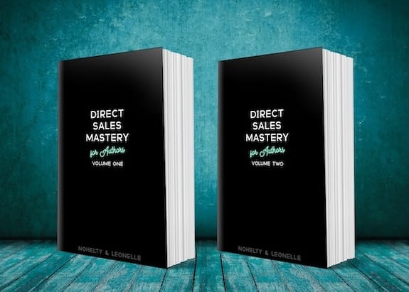 Direct Sales Turquoise background with two books with black covers and white title text. Direct Sales Mastery for Authors Volume One and Volume Two