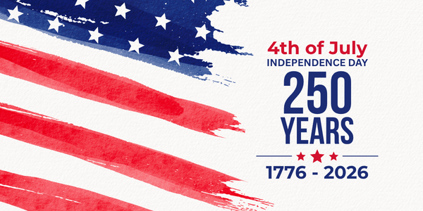 4th of July 2026 - 250 Years Watercolor style U.S. flag with the text 4th of July Independence Day 250 Years 1776-2026