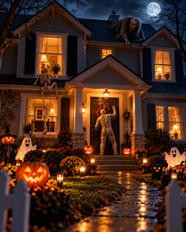 A house with cheerful Halloween decorations is being invaded by Halloween monsters.