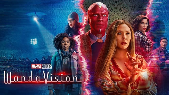 wanda-vision1 Poster for the television series WandaVision featuring a man with red skin and a blonde woman holding a ball of magical energy