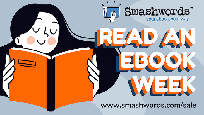 A cartoon of a girl reading an orange book, with the text Smashwords Read an eBook Week.