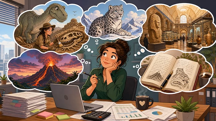 Cartoon of a woman sitting at a desk. She is looking up from her laptop and spreadsheets and in dream bubbles above her head are images of what it would be like to be a volcanologist, paleontologist, megafelinologist, or museologist.