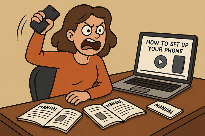 Set Up Your Phone A cartoon of a woman sitting at a desk holding a cell phone in one hand.
She has an angry expression on her face and looks ready to throw the phone. Cell phone setup manuals are scattered on the desk. A laptop shows a how-to video on setting up a new cell phone.