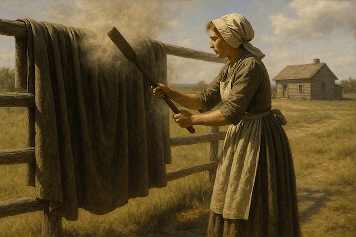 Woman Beating Drapes Old oil painting style image of a woman in a long, brown, plain cloth dress with over it a white apron. Over her hair is a white cap. She is holding a short wooden paddle and beating the dust out of a set of brown drapes hung from a wooden fence. There is a log cabin in the distance across a stretch of grass.