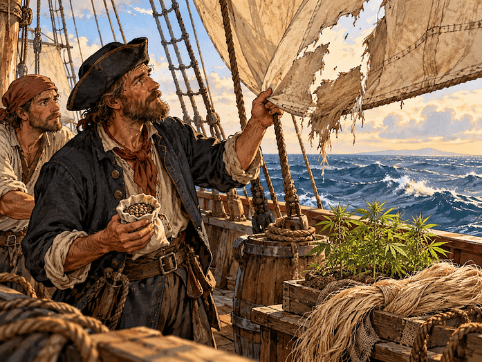 Hemp Sails from Seeds Sailors inspecting a torn sail while holding hemp seeds aboard a wooden sailing ship.