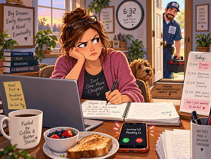 A woman sits at a desk trying to write. She is scowling over her shoulder at a repairman at the door. Notes and calendars and a notification on her phone show a number of appointments coming up.