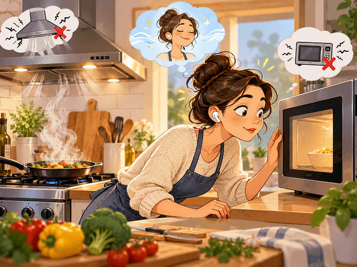 Quiet Cooking in a Cozy Kitchen A woman in a kitchen peers into a microwave because she’s wearing earbuds that block noise and she can’t tell from the sound if the microwave is on.
