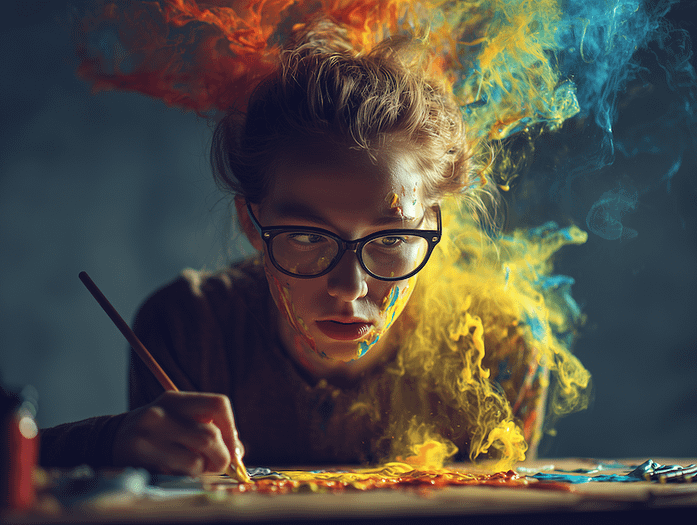 Spirit of Creativity Midjourney A woman sitting at a table. She is bent over and holding a paintbrush. There is a cloud of different colors coming off a design on the table and it surrounds her head and right side. There is paint on her face.