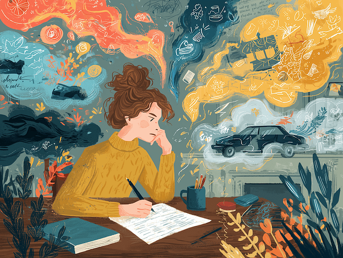 Impatient Writing A woman sitting at a desk. She holds a pen and has been writing on a white sheet of paper, but now she is staring out into space. Surrounding her are clouds of ideas.
