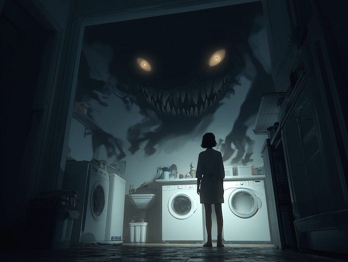 Spooky Laundry Room a woman looks into a shadow-filled room where a washing machine and dryer sit against the back wall. Spooky glowing eyes and sharp teeth inhabit the shadows.