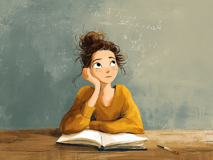 Woman Journal and Equations Cartoon. A woman sits at a wooden desk. An open notebook lies face up on the desk in front of her. The pages are blank. Simple equations float above her head as she attempts to figure out how many pages she needs to allocate to each section of the journal.
