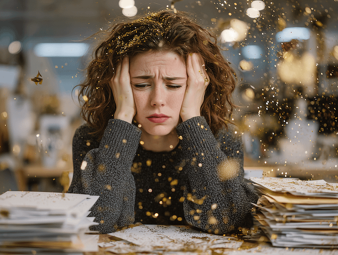 A woman is sitting at a desk. There is a stack of addressed envelopes on the desk near her hands. On the surface of the desk and in the air there are tiny pieces of metallic glitter that fell off the holiday cards. The woman is frustrated that the glitter is so pervasive and difficult to clean up.