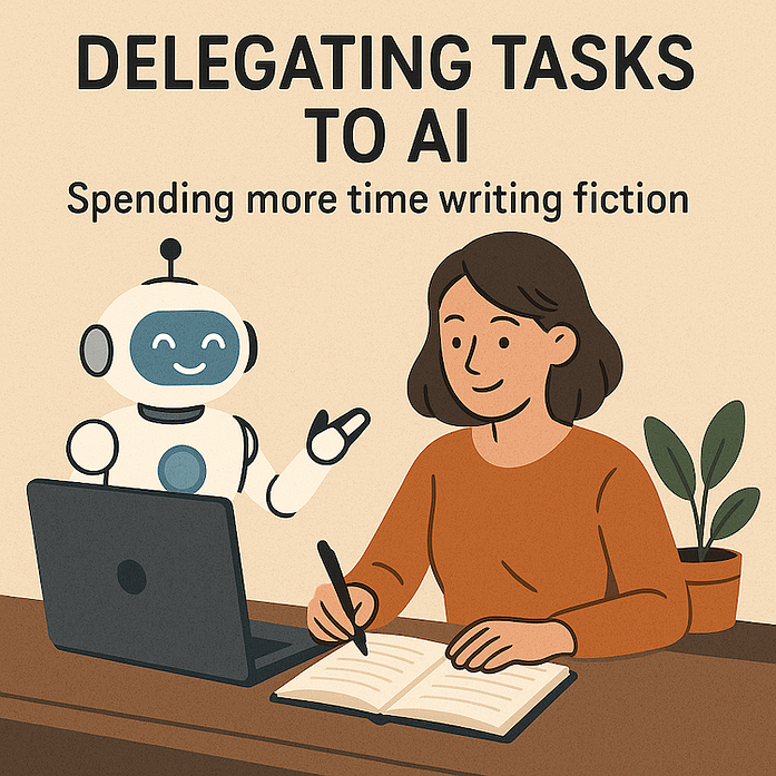 Delegate to AI A cartoon of a cute, smiling robot standing by a laptop. A smiling woman with brown hair and an orange brown sweater is writing in a notebook that sits on a desk. There is text that says Delegating Tasks to AI, Spending more time writing fiction