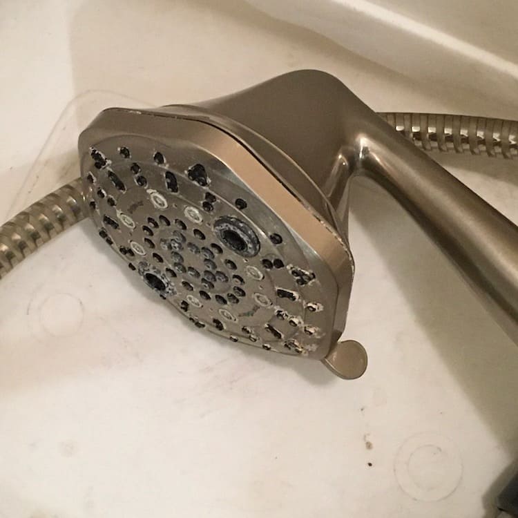 Photo of a dark chrome, hexagonal shower head lying in a plastic tub