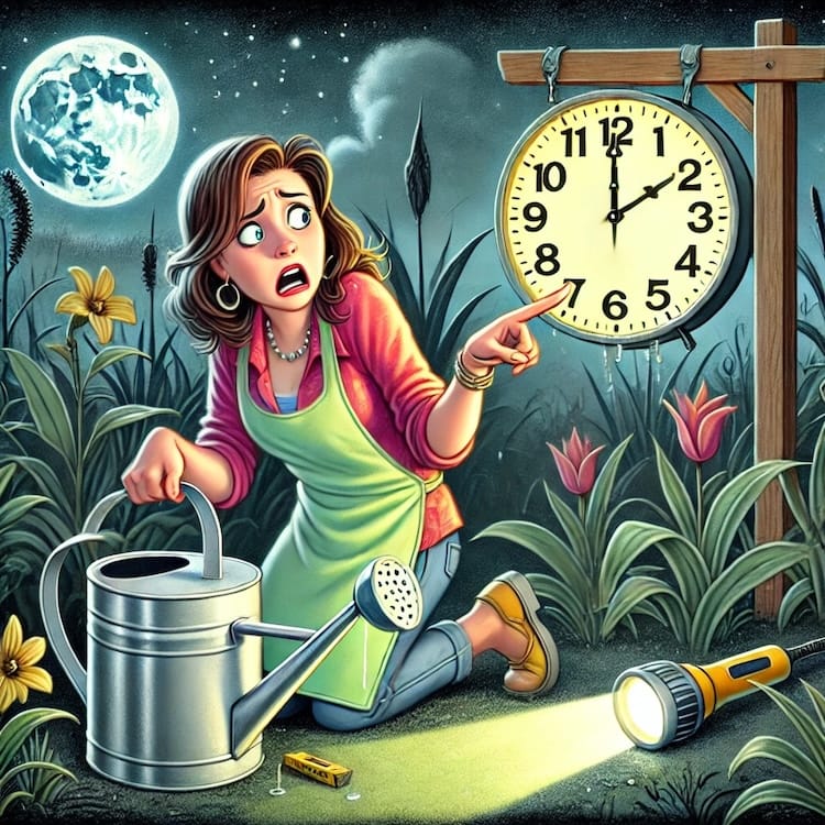 A cartoon of a woman kneeling in her garden. She's pointing in horrified confusion at a clock. The sky is dark and the moon is out.