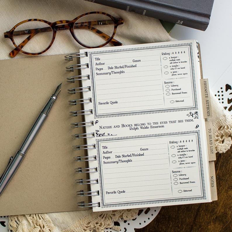 Reading journal 2020 Photo of a preprinted page in a notebook with places for name of book read, pages, genre, thoughts, and favorite quotes